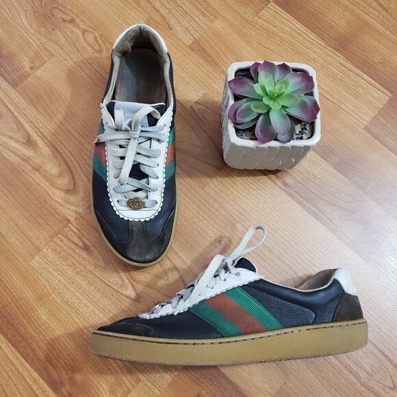 Gucci Calfskin Suede Leather Web Low Men's G74 Ardesia Black New Mystic White - Picture 1 of 14